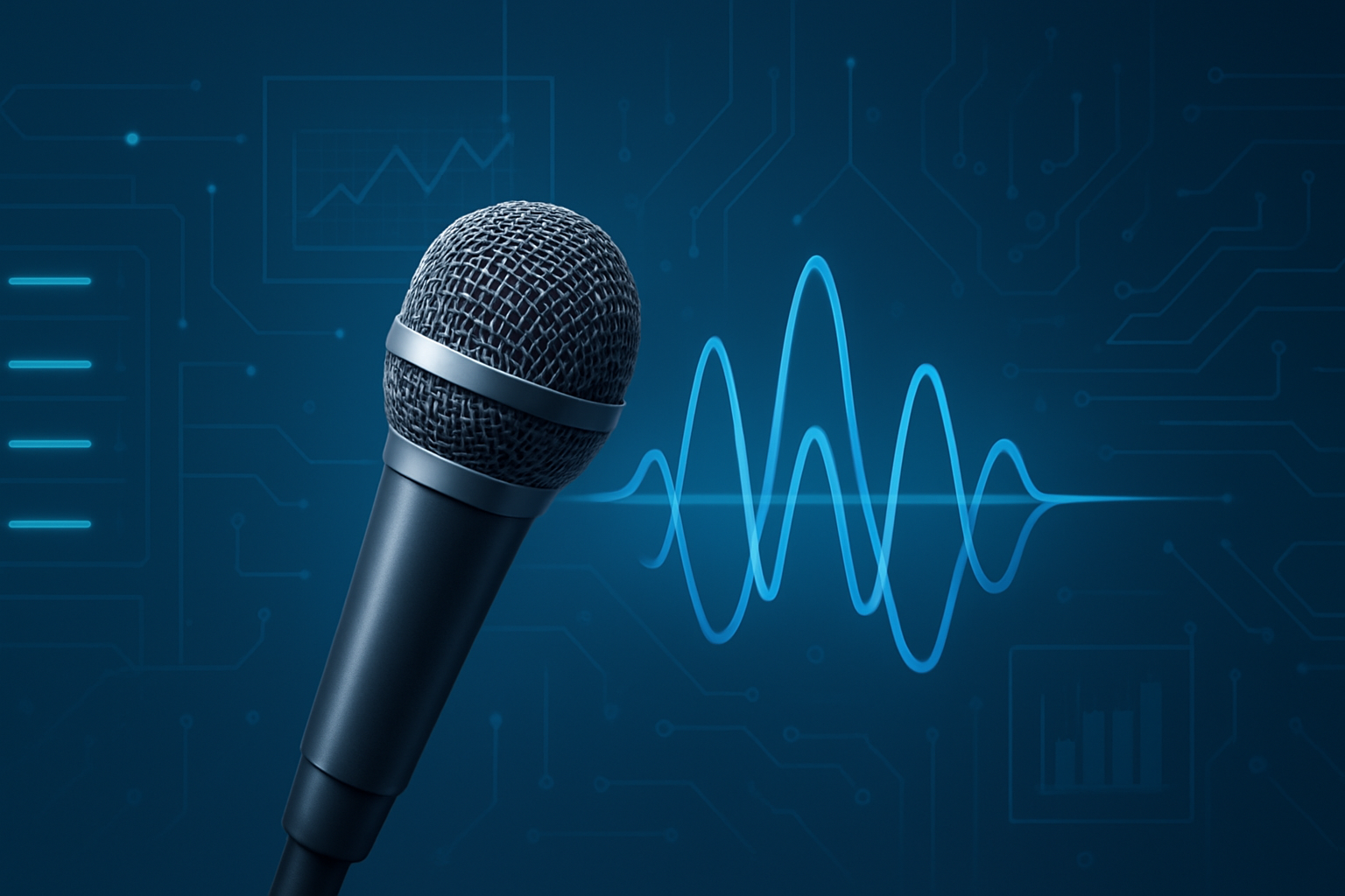 A microphone against a digital background with waveforms and circuit patterns