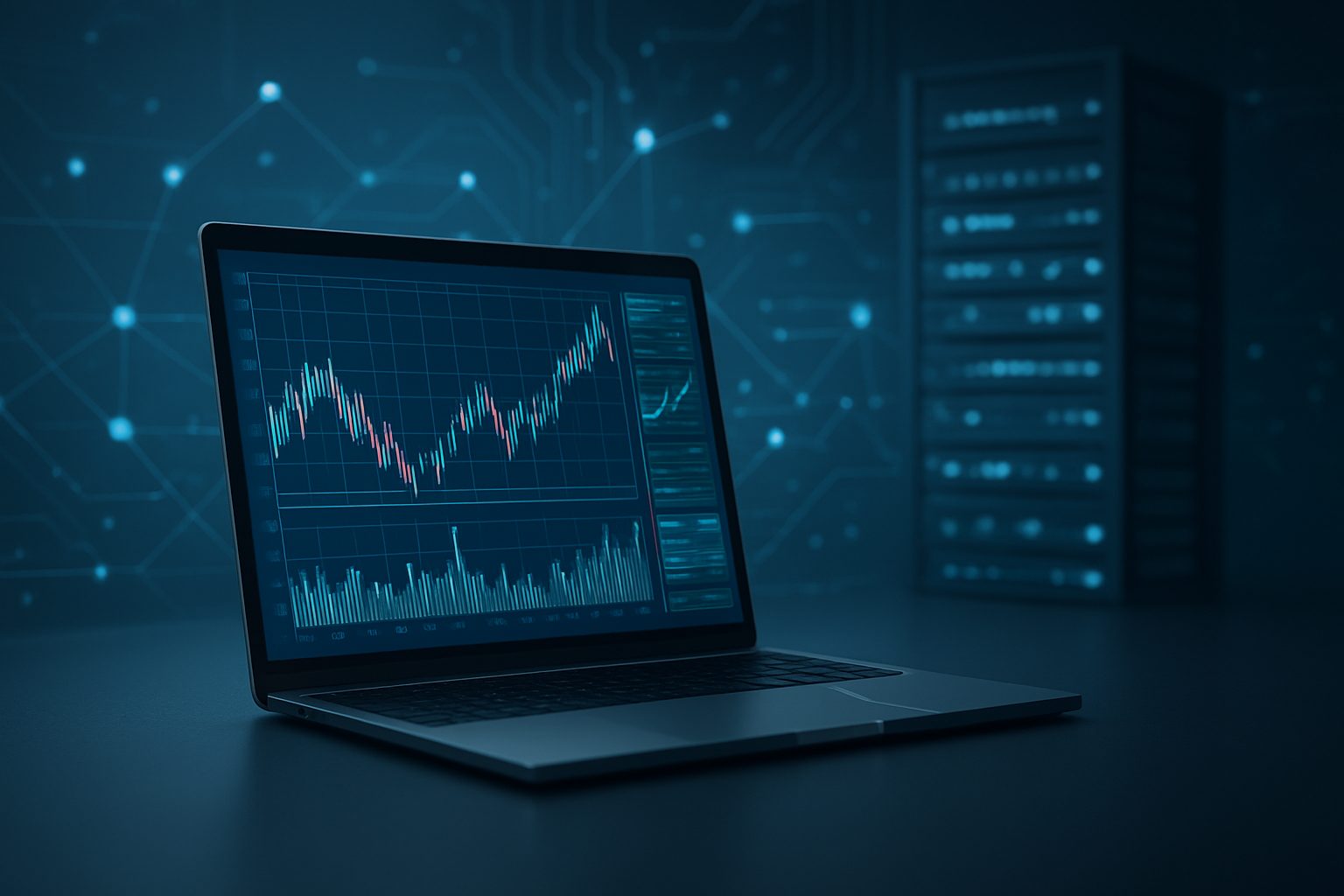 Laptop displaying a trading chart with blue digital background