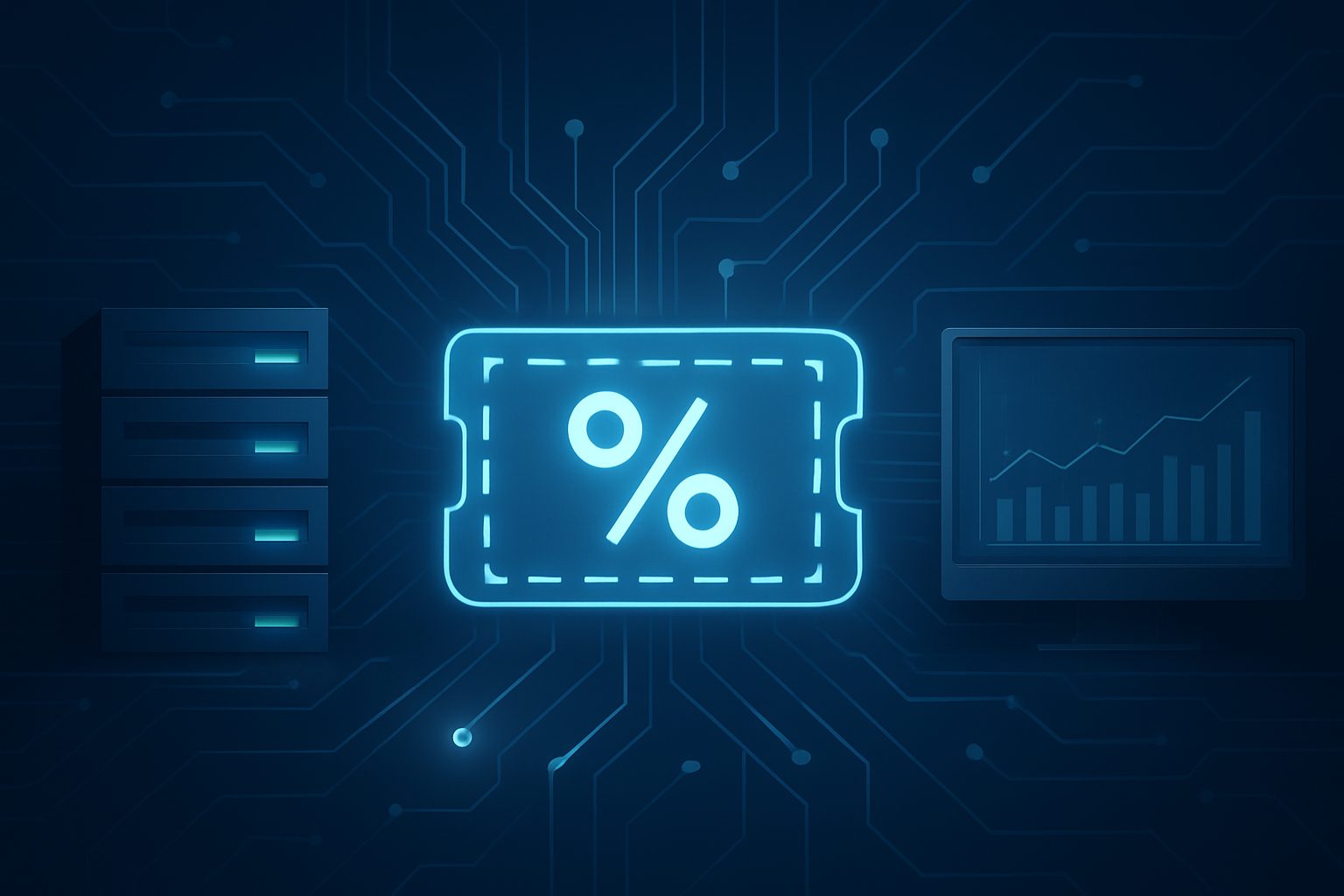 A glowing promotional code symbol surrounded by digital elements, representing tech and discounts